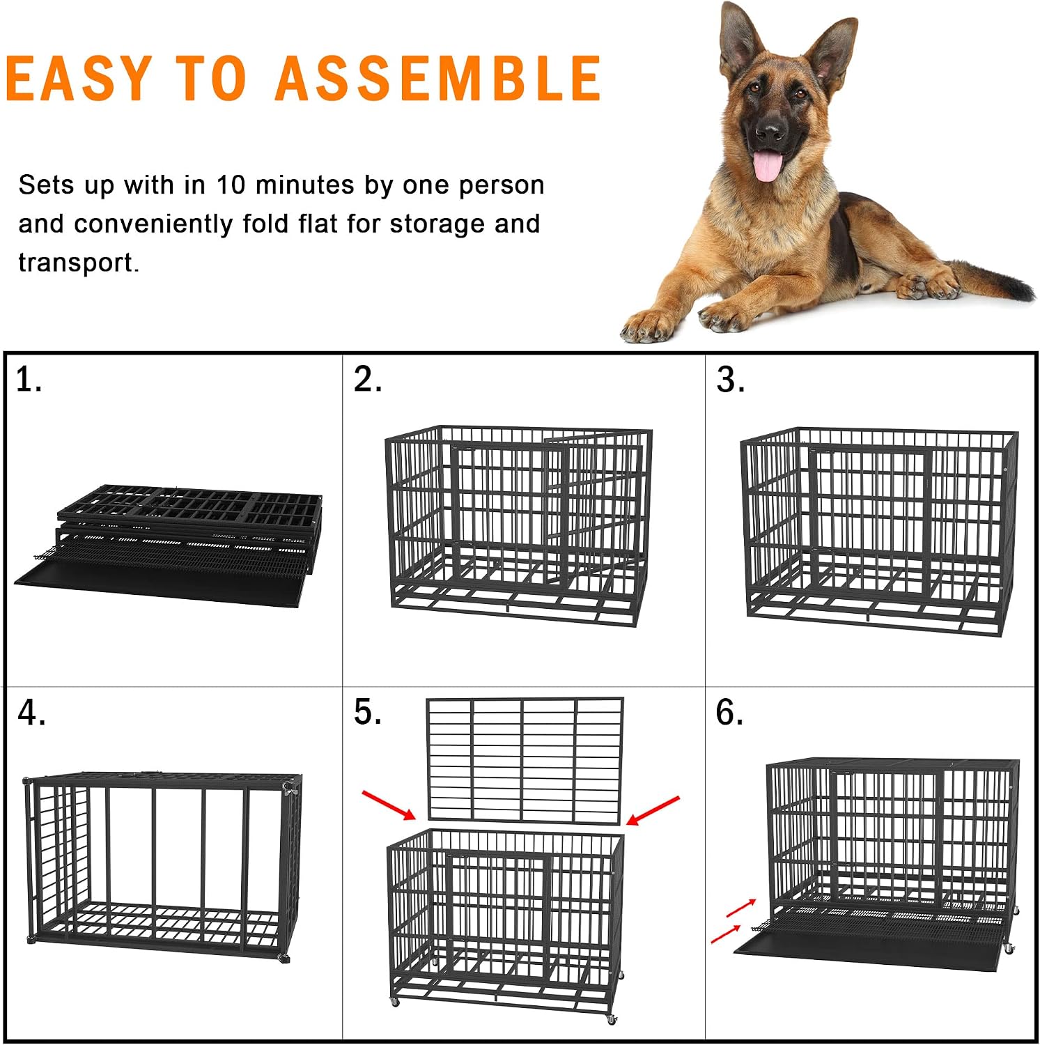 KOKOTANGS 42 Inch Heavy Duty Dog Crate Cage with Wheels, Indestructible and Escape Proof Steel Kennel Indoor for High Anxiety Dogs with Sturdy Locks, Double Door and Tray, Extra Large XL XXL, Black