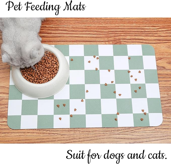 Ralxion Checkered Dog Feeding Mat, Absorbent Mats for Dog Food and Water Bowl, Dispenser, Retro Modern Aesthetic Sage Green Checkerboard Pet Placemat for Dogs, Cats, Puppy Accessories, 12" X19”