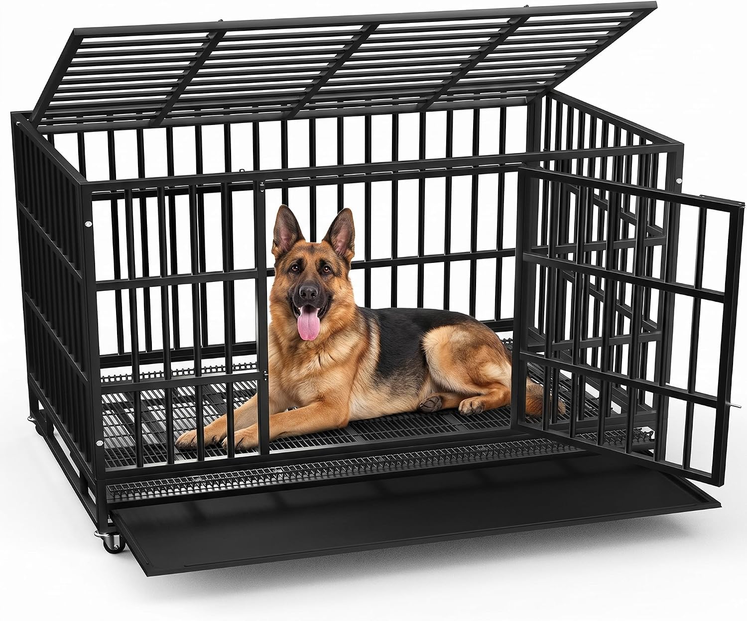 LEMBERI 48" Heavy Duty Dog Crate for Large Dogs, Black | Indestructible escape-proof cage kennel for high anxiety dogs, with removable wire trays & lockable wheels