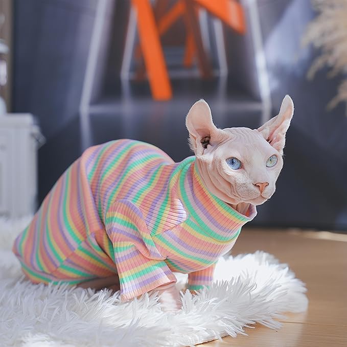 PUMYPOREITY Sphynx Cat Clothes - Soft Hairless Shirt With Sleeves, Stretchy Sweater, Pullover Pajamas Jumpsuit, Turtleneck Outfit for Sphynx Cornish Rex, Devon Rex - Rainbow, M