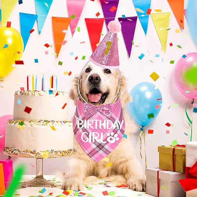 STMK Dog Birthday Outfits, Multi Size Dog Birthday Hat Dog Birthday Girl Bandana Bow Tie Birthday Numbers for Large Extra Large Dogs Pets (Pink, X-Large)