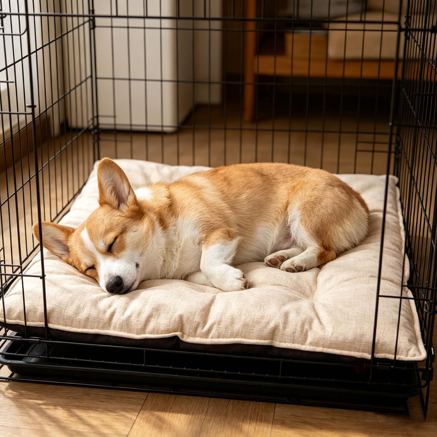 Chew Proof Dog Crate Bed, Reinforced Corner Kennel Pad, Washable Texture Dog Sleeping Mat, Comfort Rest Pad Suitable for Small Indoor Chewing Dogs，Beige：Large