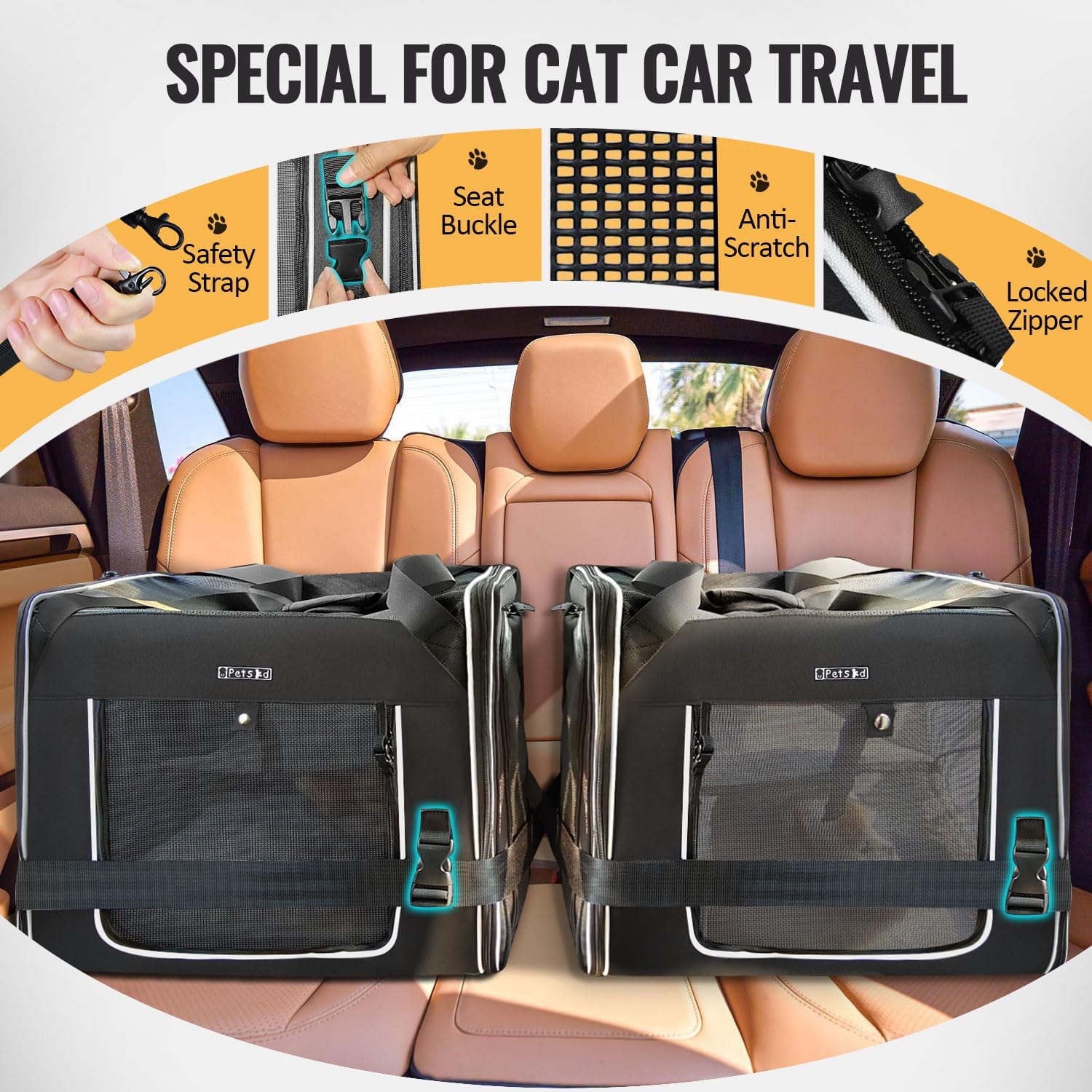 Combinable Pet Car Travel Carrier for a Large Cat/Medium Dog | 18"Lx17"Wx17"H, Small Pet Soft Carriers, Food Bag & Bowl Included, Lockable Safety Zippers, For Car Travel, Vet, Camping
