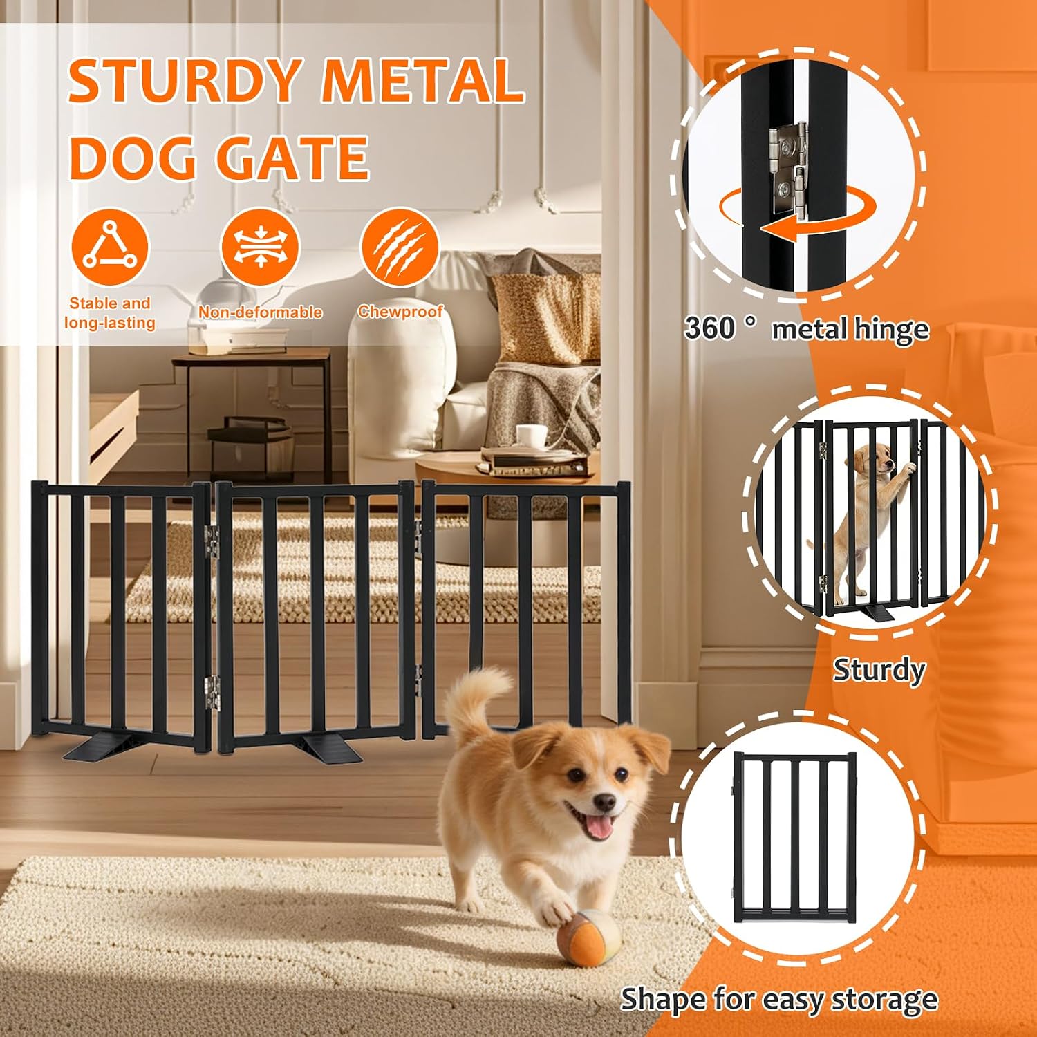 Snagle Paw Freestanding Short Dog Gate, 16.5" Tall, 3-Panel, Black | Up to 36 in wide, foldable, easy step-over, stable feet, for small dogs, doorways, stairs and kitchens