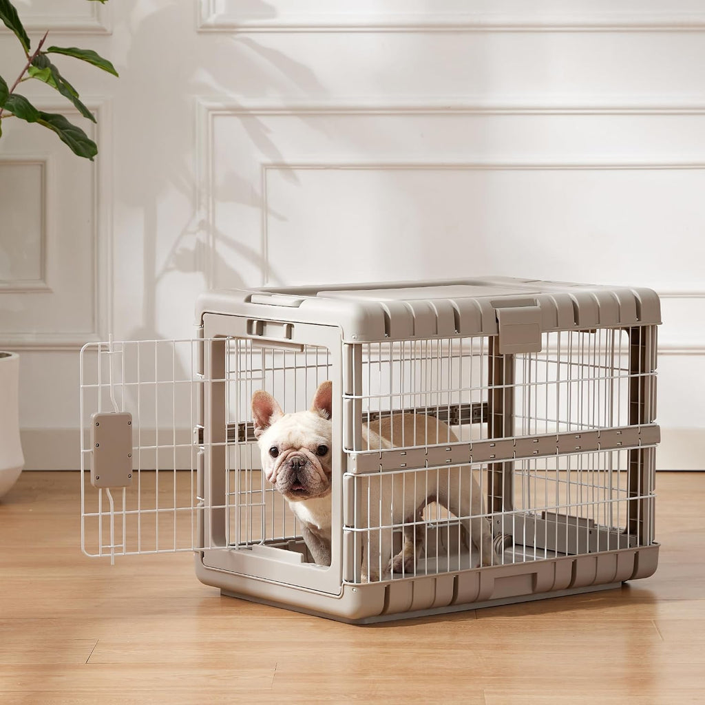 ZOMISIA Collapsible Dog Crate for Dogs - 28" L Heavy Duty Dog Kennel No Tools Required with 4 Sides Steel Foldable Cage for Dogs Indoor Furniture, Portable Carrier with 2 Smooth Wheels, Beige