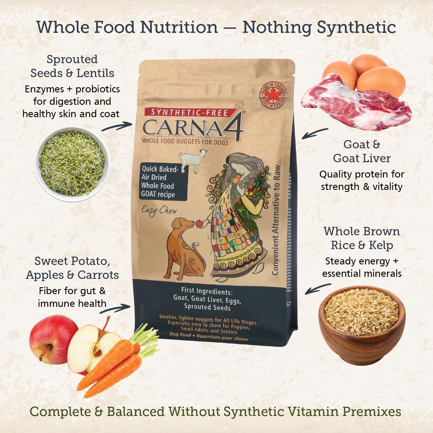 CARNA4 Air Dried Dog Food, Goat Recipe, Grain-Free, 20 Pound | Pastured Goat, Liver & Sprouted Seeds, Quick-Baked & Never Extruded, Easy-Chew, No Synthetic Vitamins or Minerals