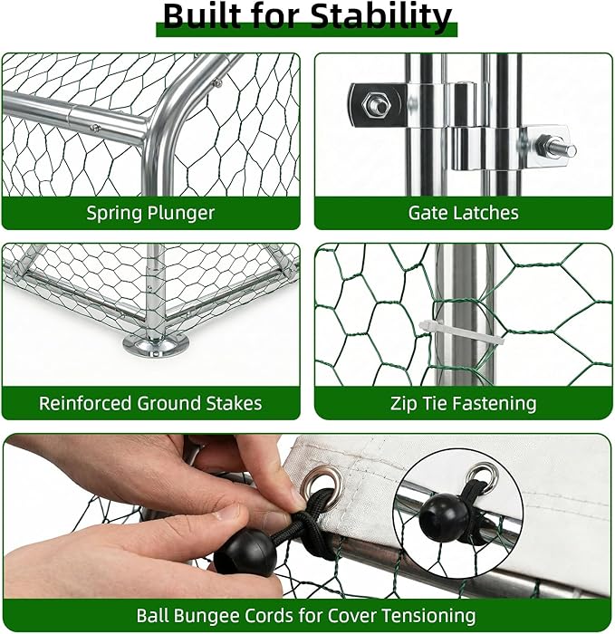 Large Metal Chicken Coop with Run Walk-in Poultry Cage Chicken Runs House Pen Cage Spire Roofed Chicken Coops with Anti-Ultraviolet Cover for Outdoor Yard Farm Use 9.8’L x 19.7’W x 6.4’H