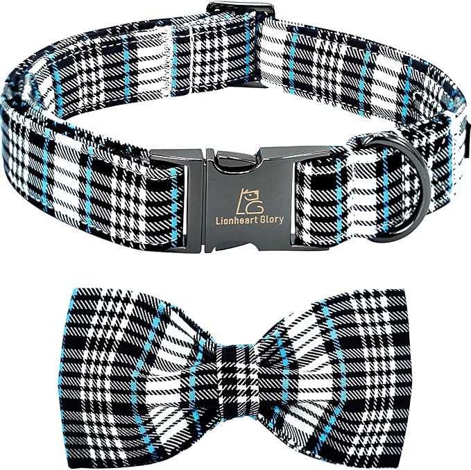 Lionheart glory Dog Bow Collar Blue and Black Plaid Dog Collar for Small Dogs,Boy Dog Collars with Bowtie Spring Summer Collars Soft Adjustable Pet Collar Bows