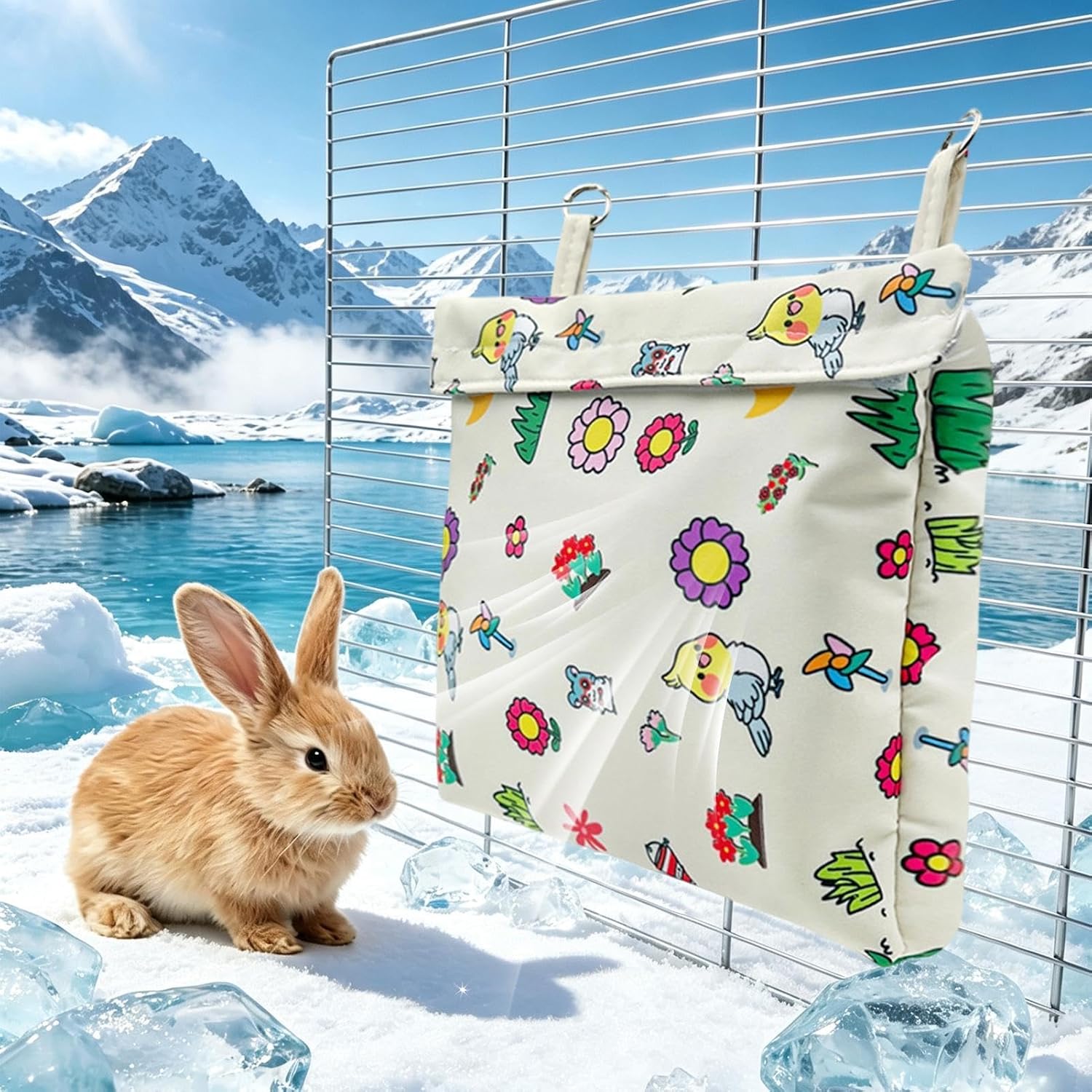 Pet Cooling Mat - Refillable Freeze Pack Washable Small Pet Cooling Pad | Anti-Condensation Hanging Cooling Nest with 4 Ice Crystal Plates for Rabbits Hamsters Ferrets Guinea Pigs | Cage Cooling Mat