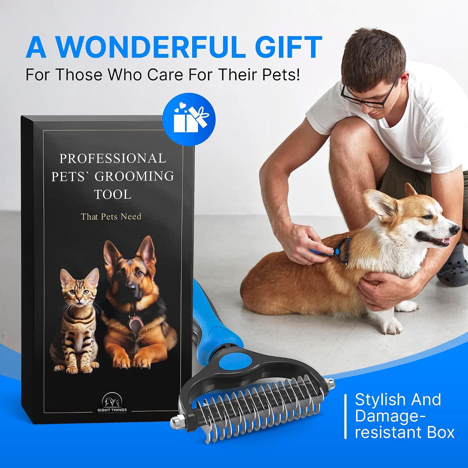 Dog Rake Brush for Shedding – Pet Undercoat Deshedding Tool for Long & Thick Hair Dogs, Removes Loose Fur, Reduces Mats