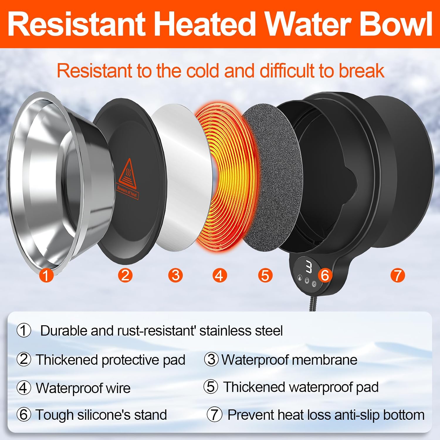 Heated Water Bowl for Dog Cat,Outdoor Heated Pet Bowl Food Bowl with 3 Temperature Settings & 12H Timer,50 oz Removable Stainless Steel Bowl,79" Anti-Chew Cord,for Dogs Cats Chickens Ducks Birds