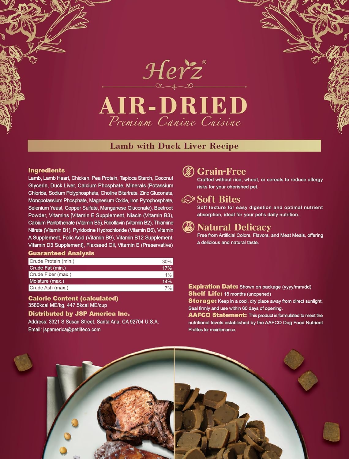 Herz Air-Dried Dog Food, High Protein, Lamb & Duck Liver 1 lb