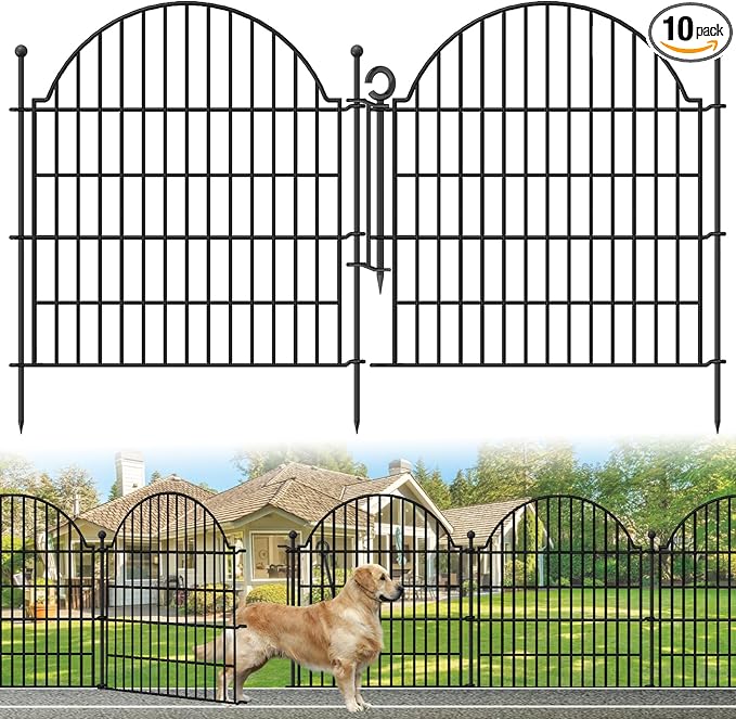 Decorative Metal Garden Fence with Gate Lock 10 Panels, 32in (H) x 23.6ft (L) No Dig Dog Fence Outdoor for Yard, Temporary Rustproof Metal Wire Rabbit Dog Garden Border Fencing for Patio