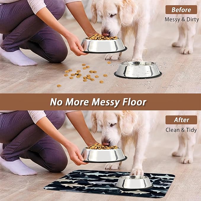 Cute Shark Dog Cat Food Mat,Absorbent Pet Feeding Mat with Rubber Backing,Non-Slip Water Bowl Placemat,Indoor Pet Accessories Supplies 12"x20"