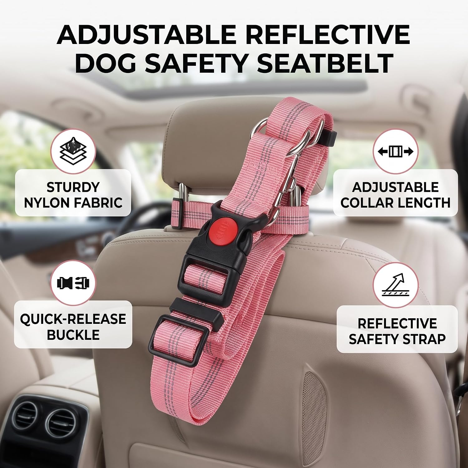 SUNGOOYUE Dog Seat Belt Reflective Nylon Adjustable Pet Car Restraint 72 to 84cm with Headrest Strap Collar 45 to 65cm for Travel Walking Dogs of Different Sizes (Pink)