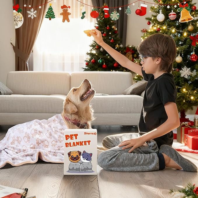 Stuffed Small Beige Premium Soft Dog Blanket, with Flannel Beige Cute Paw Print, 24 * 32 inches, Cat Blanket Puppy Supplies Poodle‌ Dog Products Stuff Essentials