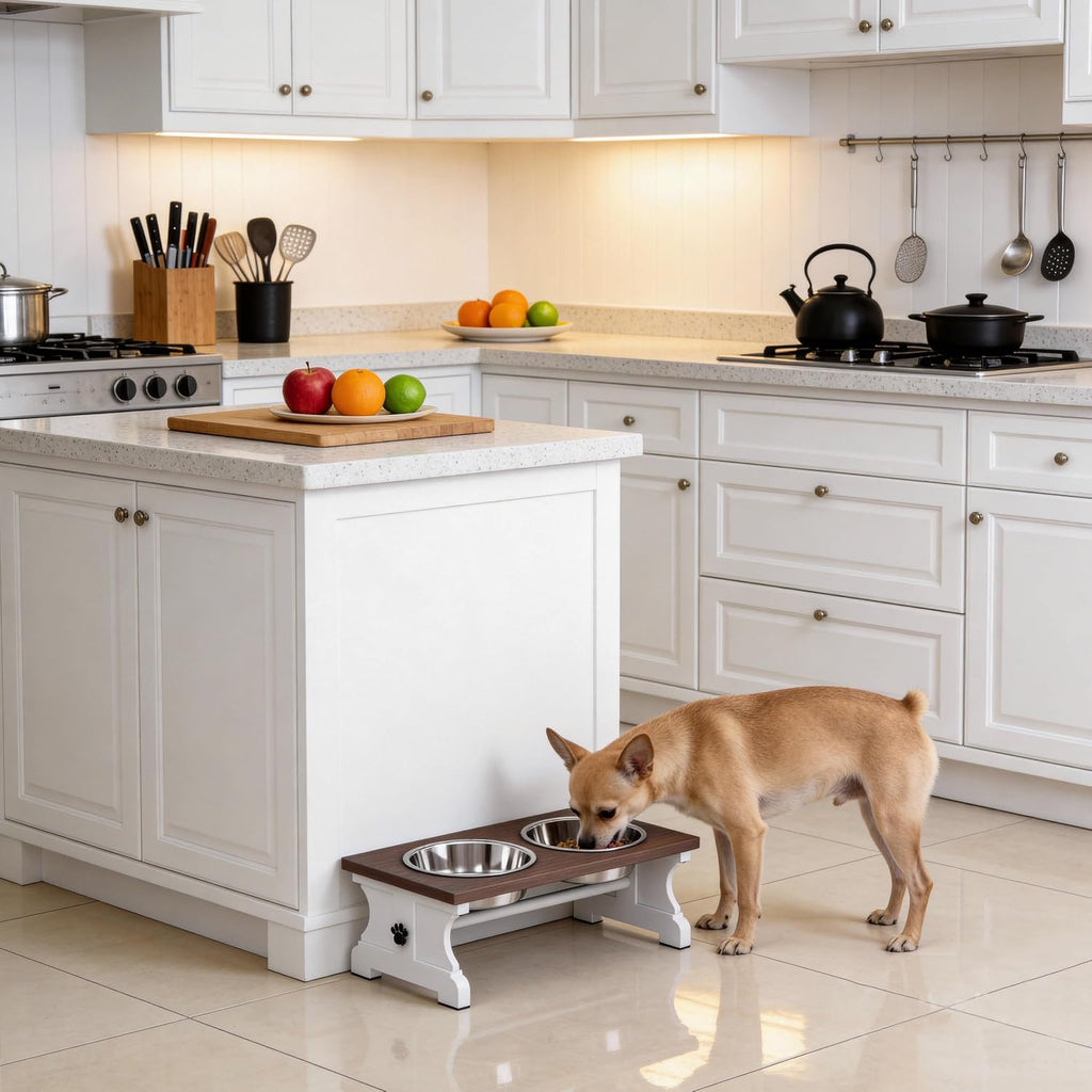 Piskyet Elevated Dog Bowls,Dog Bowl Stand, 3.5Cups6''H_30 oz Bowl-Farmhouse | Farmhouse Dog Bowls Stand, Raised Dog Bowl with 2 Stainless Steel Wooden Dogs Bowls for Small Size Dogs
