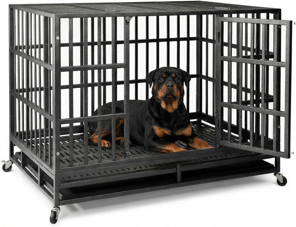 NUGRIART 48 Inch Heavy Duty Indestructible Dog Crate, XL Steel Escape-Proof Kennel for Large Dogs, Double Door Design with 4 Locking Wheels & Reinforced Baseplate, Ideal for High-Anxiety Dogs