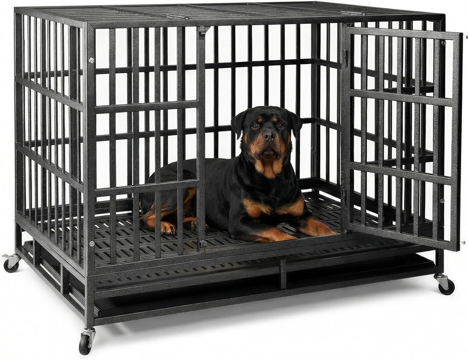 NUGRIART 48 Inch Heavy Duty Indestructible Dog Crate, XL Steel Escape-Proof Kennel for Large Dogs, Double Door Design with 4 Locking Wheels & Reinforced Baseplate, Ideal for High-Anxiety Dogs