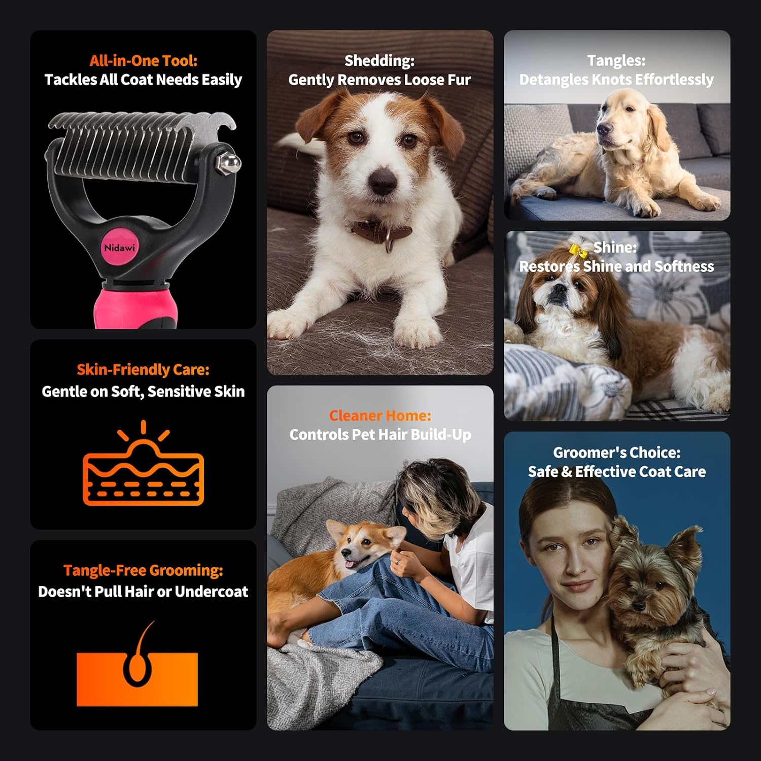Nidawi Pet Dog Grooming Brush - Double Sided | Shedding & Dematting Undercoat Rake Comb, For Dogs and Cats, Helps Reduce Tangles, Shedding & Matts, Medium & Long Hair