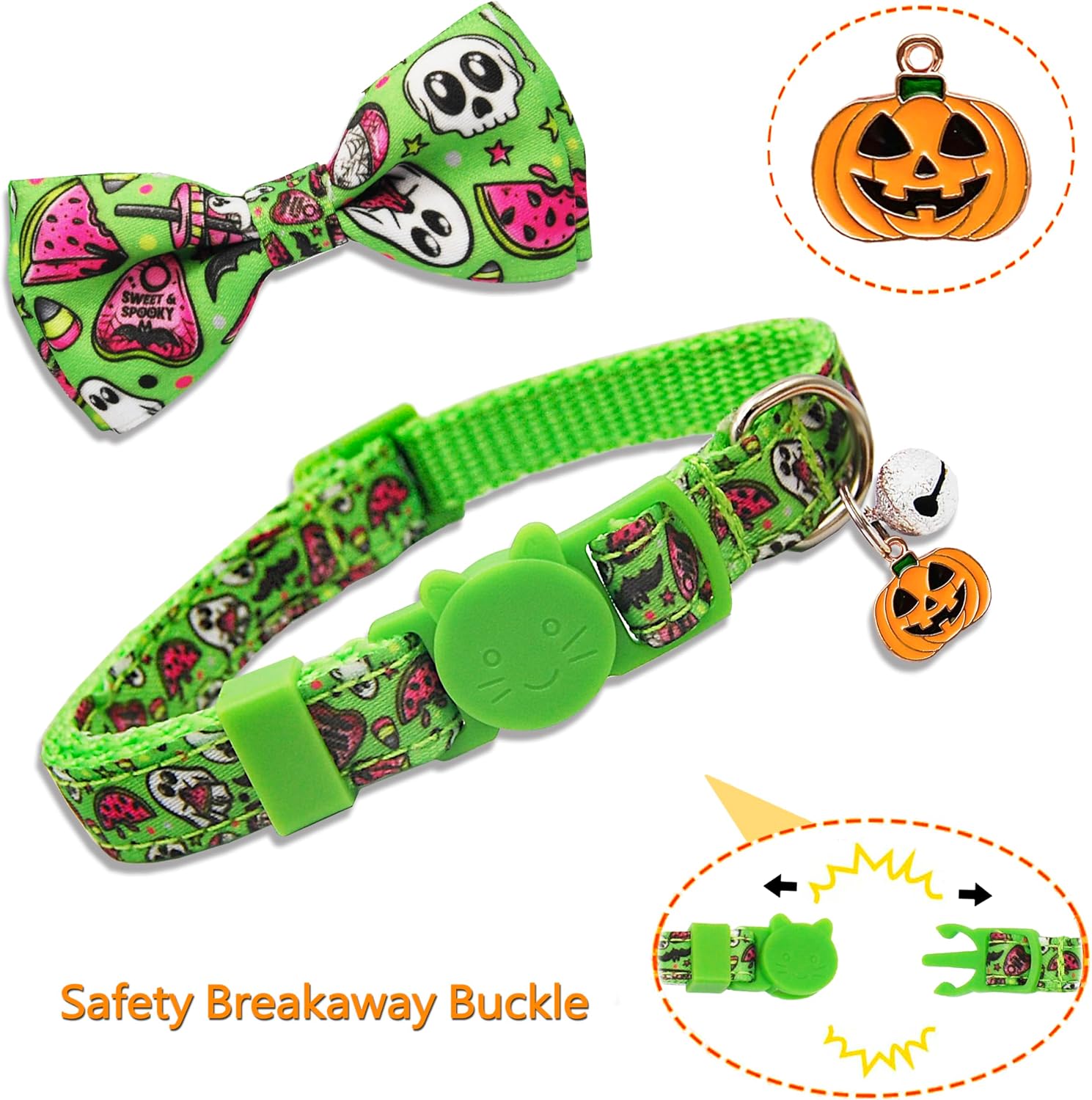 2 Pack Halloween Cat Collar Breakaway Collars with Bow Tie and Bell, Ghost Prints Safety Breakaway Buckle Soft Nylon for Boys and Girls Kitties Kittens