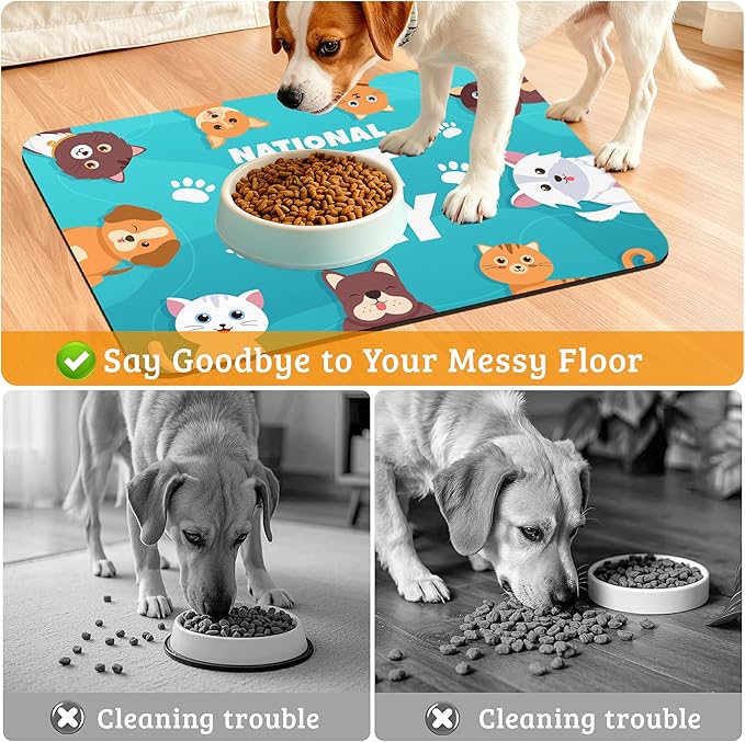 Pet Dog Cat Food Mat,Animal Paws Absorbent Waterproof Placemat for Food and Water Non Slip Rubber Backing Durable Feeding Pad for Clean Floors 16" x 24"