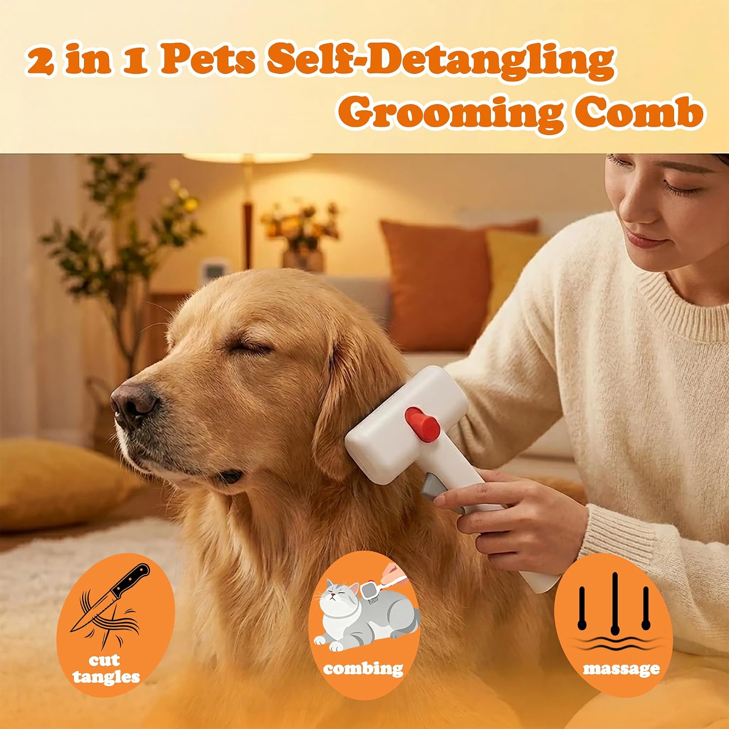 2-in-1 Pet Dematting Comb & Undercoat Rake, Self-Cleaning Deshedding Brush for Dogs & Cats, Safely Removes Mats, Tangles and Loose Fur for Long or Short Hair(White)