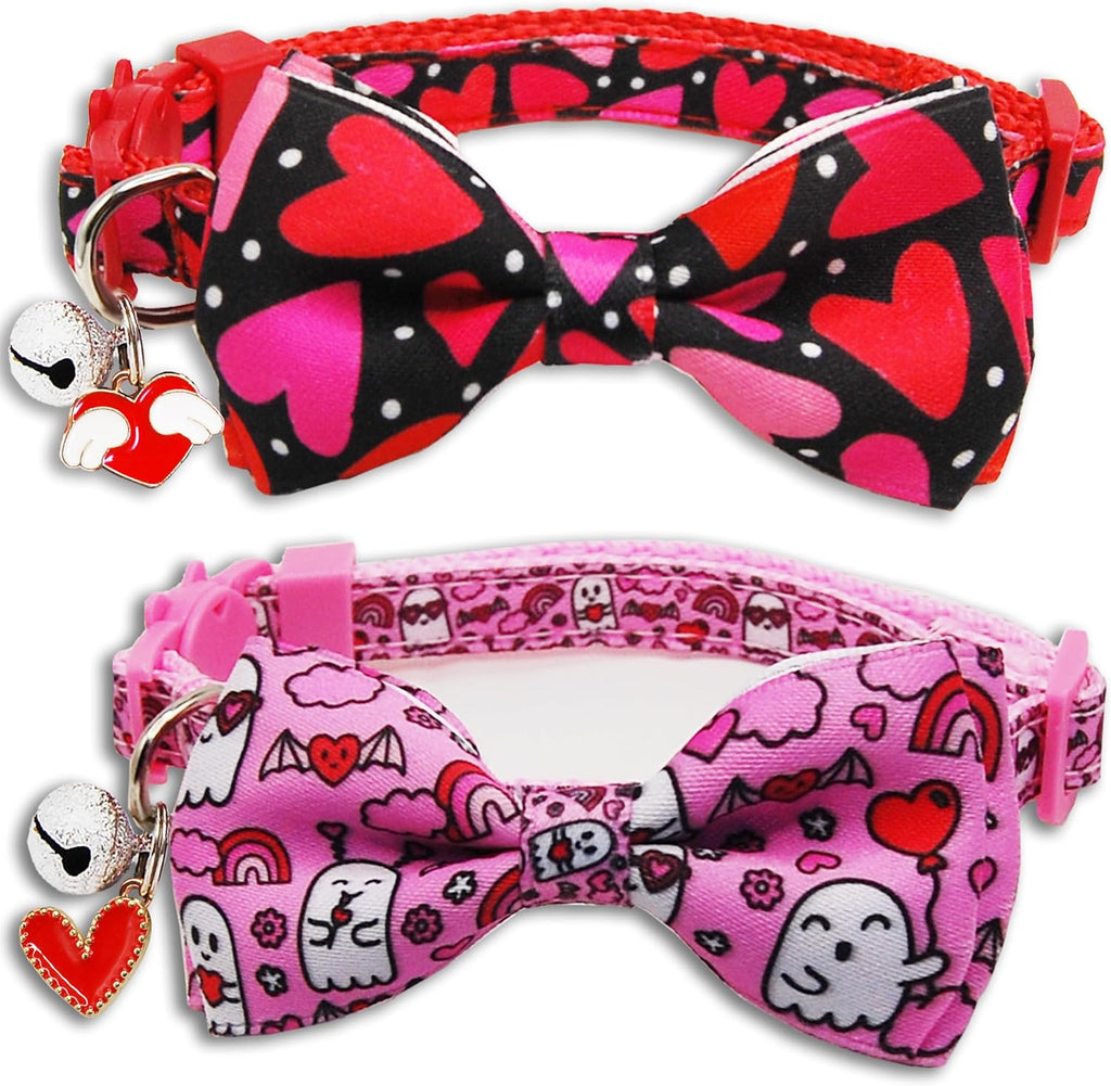 Valentine's Day Cat Collar with Bow Tie Bell & Charms BreakawayBack Heart and Pink Flowers for Male and Female Cats, Adjustable Holiday Kitten Collar for Boys & Girls