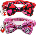 Valentine's Day Cat Collar with Bow Tie Bell & Charms BreakawayBack Heart and Pink Flowers for Male and Female Cats, Adjustable Holiday Kitten Collar for Boys & Girls