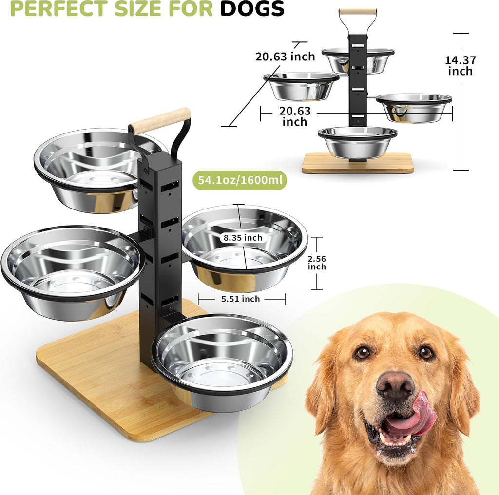Elevated Dog Bowls Stand - 4 Heights Raised Dog Bowl Large Sized Dog - Dog Feeding Station - Dog Food and Water Bowl Set with Portable Handle - Suitable for Multi-Dog Feeding