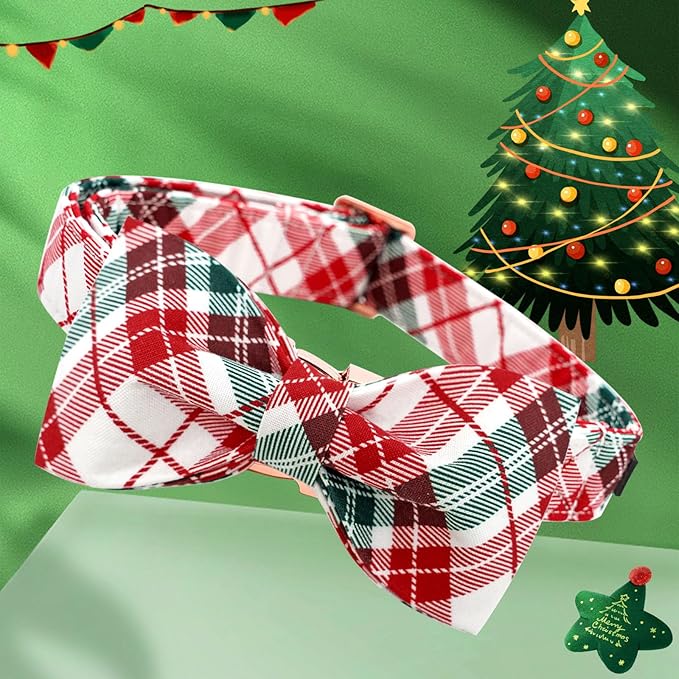 Dog Collar, Christmas Dog Collar Plaid Pet Collar Bow Holiday Bows Girl Boy Puppy Collar Adjustable Pet Collar for X-Large Dogs