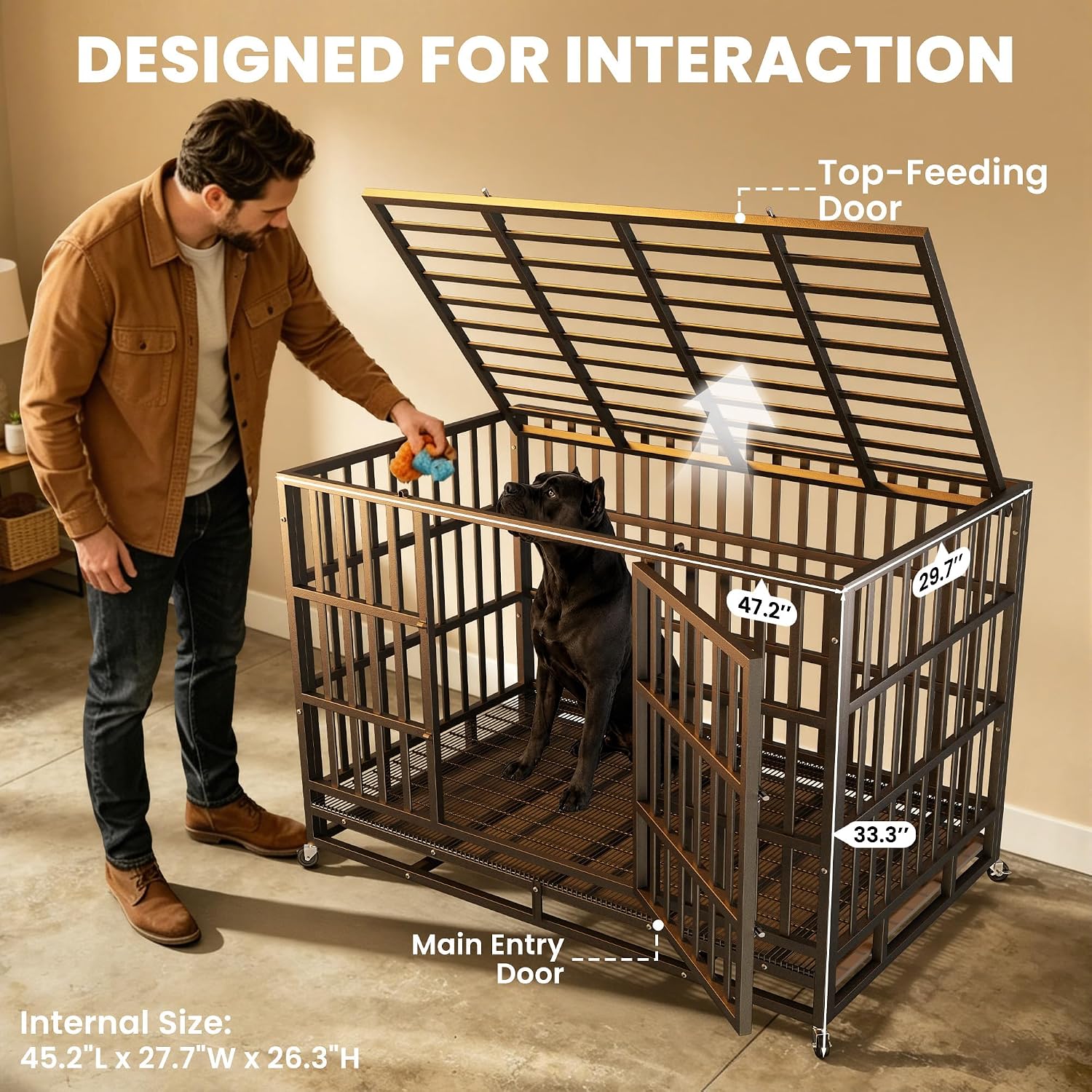 Hiwokk 48 Inch Heavy Duty Dog Crate, Indestructible Kennel for Large Dogs | 38-96" for Small to All Breeds Dogs | Escape Proof Latch | Removable Tray | Chew-Proof Steel | Lockable Wheels | Easy-Clean