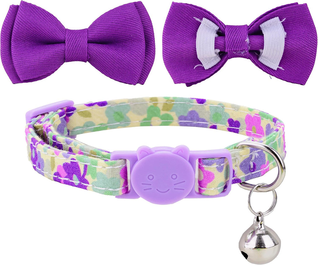 Cat Collar Set 3Packs Bow Tie Collars Plaid Solid Color Floral Flower Bell Safety Kitten Cats Pet Kitty Colorful Spring Boy Girl Cute [3pcs] Floral