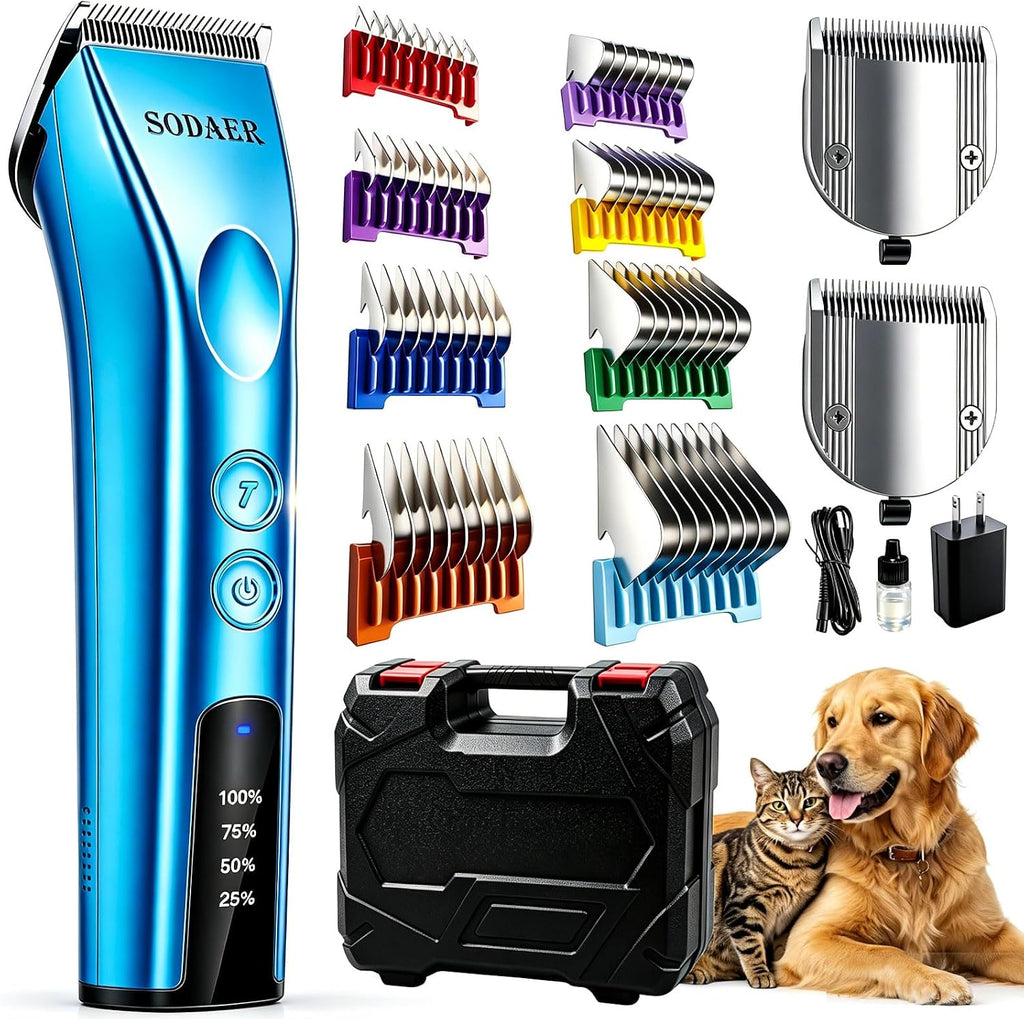 Professional Dog Grooming Clippers, Cordless Pet Hair Clipper | with Guide Combs & Replaceable Blades, Rechargeable Low Noise Dog Hair Trimmer for Horse ,with Storage Tool Box,Blue