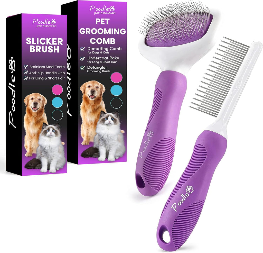 Pet Grooming Bundle - Detangling Pet Comb with Long & Short Stainless Steel Teeth for Removing Matted Fur, Knots & Tangles + Slicker Brush for Small and Large Dogs with Curly Hair