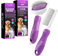 Pet Grooming Bundle - Detangling Pet Comb with Long & Short Stainless Steel Teeth for Removing Matted Fur, Knots & Tangles + Slicker Brush for Small and Large Dogs with Curly Hair