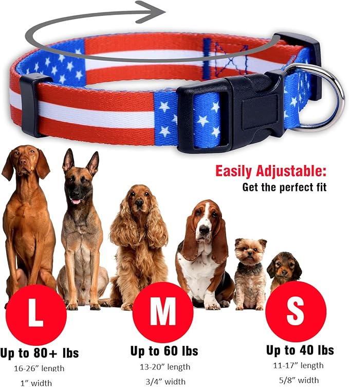 Native Pup American Flag Dog Collar- Red White and Blue- Patriotic Collars for 4th of July, USA- Adjustable Small, Medium, Large Breed Dogs (Small, Flag I)