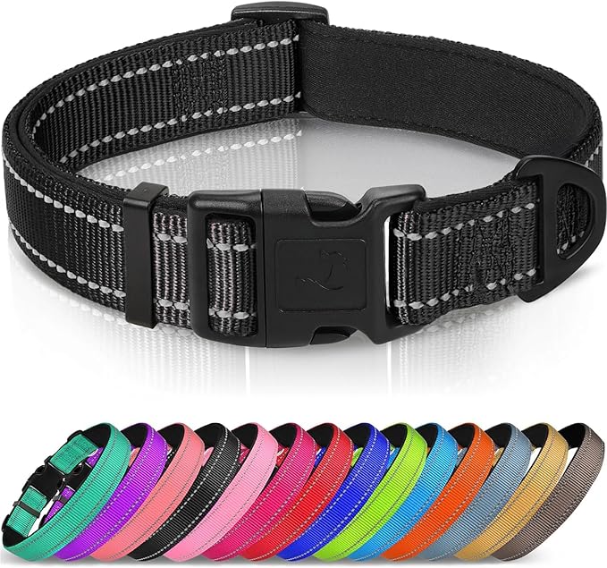 Joytale Reflective Dog Collar, Soft Neoprene Padded, Metal D-Ring, Nylon Pet Collar Adjustable for Small Dogs, Black, S