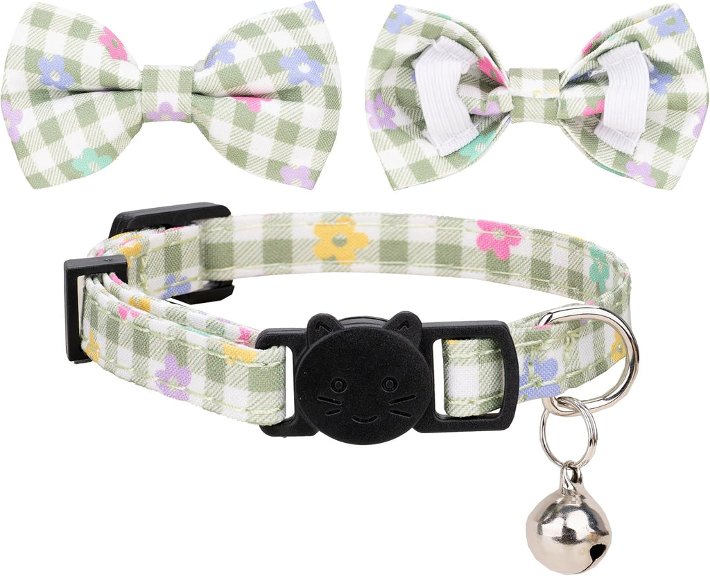 Cat Collar with Bow Tie Bell Breakaway Bowtie 2pcs Set Spring Plaid Flower Floral Solid Boy Girl Cute Kitten Safety B [Plaid & Solid] Green