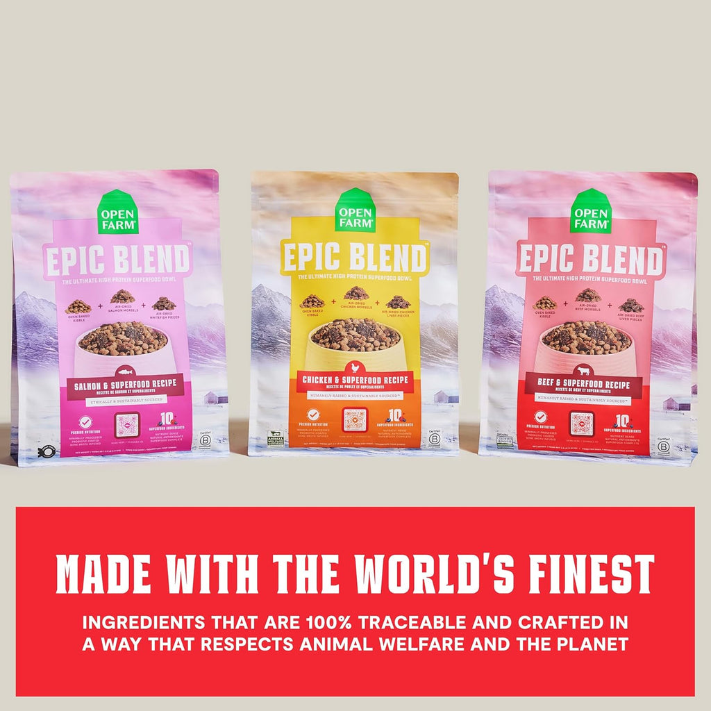 Open Farm Epic Blend Dry Dog Food, High Protein Beef Kibble, 3.5lb Bag | Air Dried Chunks, Probiotic Coated, Grain Inclusive, All Breeds and Life Stages, Traceable Ingredients, Non-GMO Superfoods.