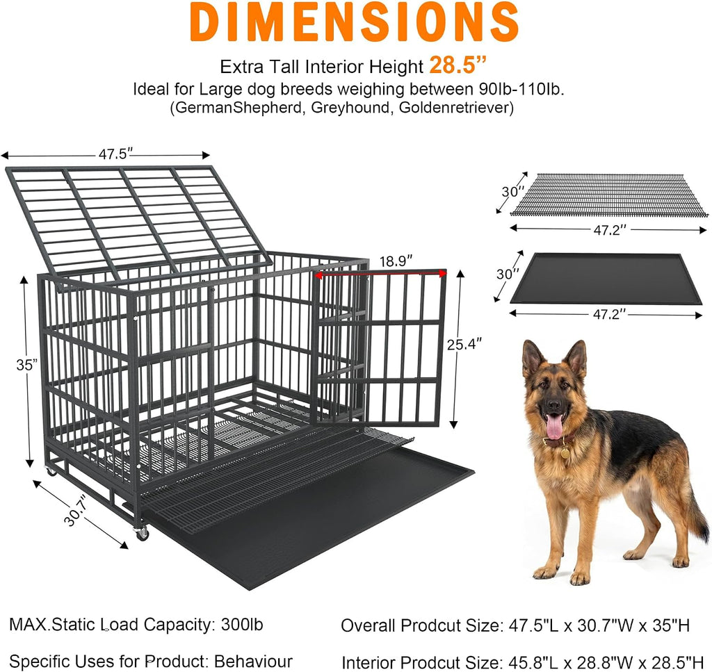 BOLDBONE 48 inch Heavy Duty Indestructible and Escape-Proof Dog Crate Cage Kennel for Large Dogs, High Anxiety Dog Crate with Removable Wire Trays and Wheels, Extra Large XL XXL, Black