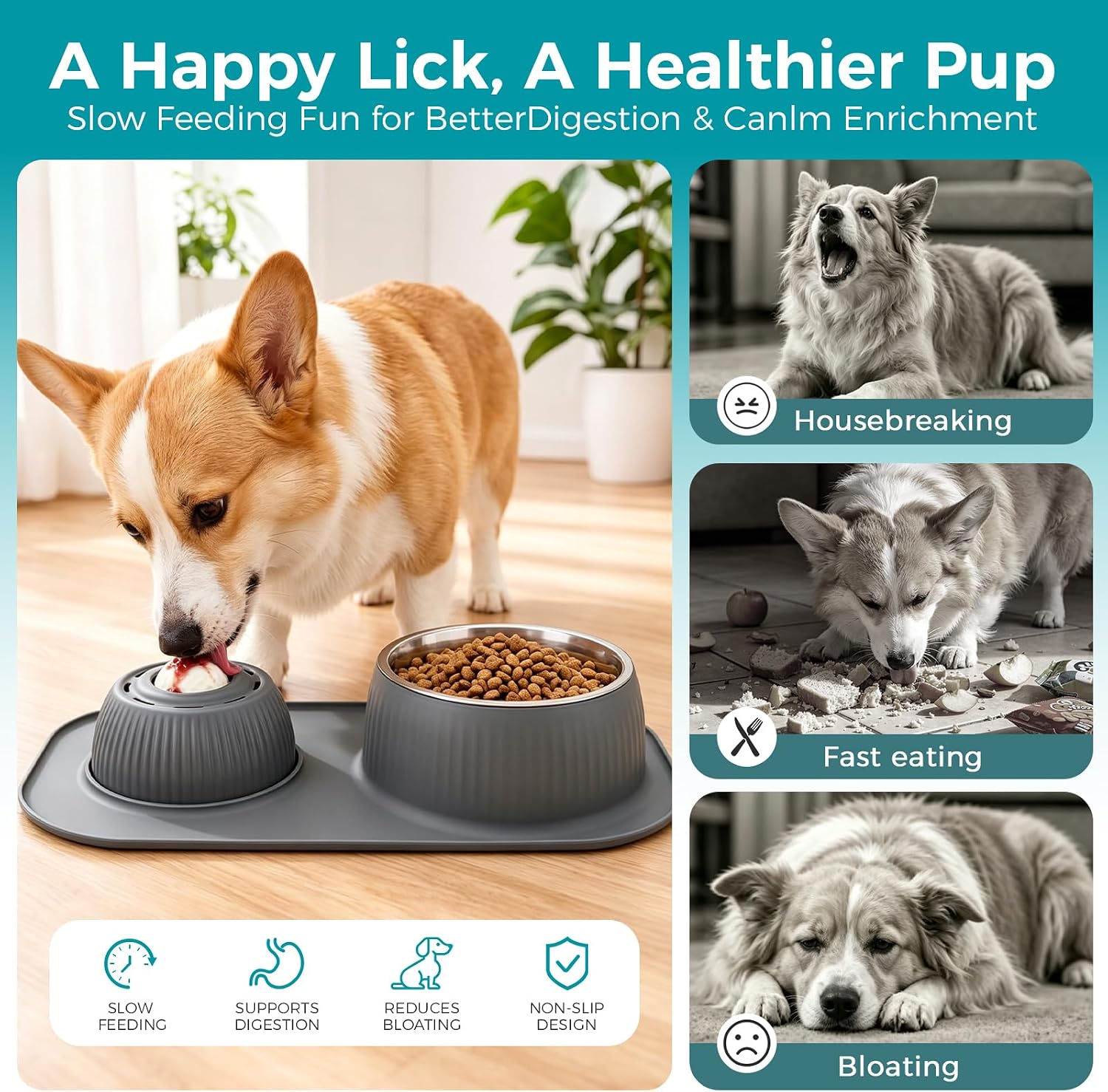 Dog Licking Bowl with Rolling Ball,Food and Water Bowl Set Slow Feeder | Spill proof & no tipping bowl mat features raised edge design to block splashes portable as travel dog bowls for outdoor trip