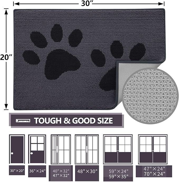 Buganda Dog Door Mat for Muddy Paws, Absorbent Dirt Trapper Washable Indoor Doormats, Non Slip Low-Profile Mud Mat for Dogs, Front Entrance Doormat for Inside Floor (48x30 Inches, Black)