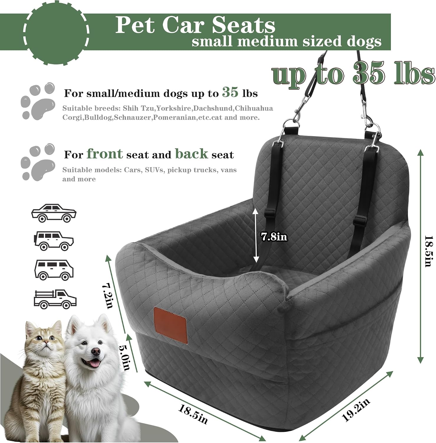 Dog Car Seat for Small/Medium Dogs,2 Adjustable Seat Belt,Memory Foam with Soft Fabric Pets Travel Car Bed with Non-Slip Bottom,Easily Installed in Front and Back Seats,Removable and Washable(H-Grey