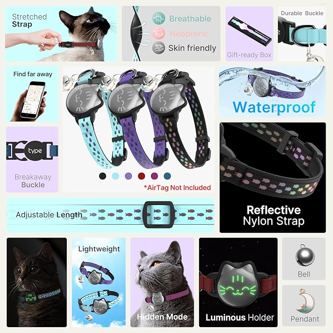 typecase Waterproof Airtag Cat Collar, Breakaway, Reflective Fish Pattern, Lightweight, Hidden Airtag Holder, GPS Tracker - Cats, Kittens (9-13")