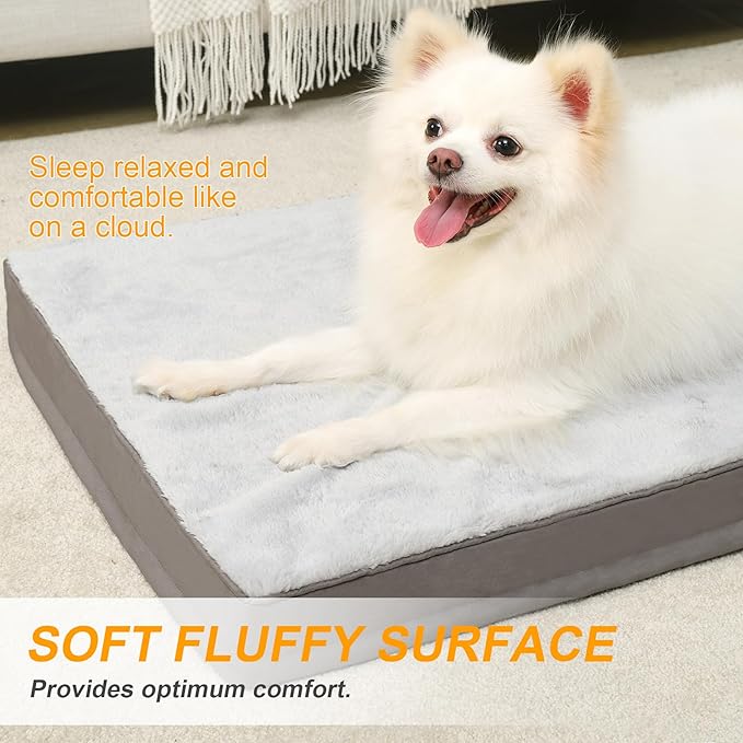 KSIIA Orthopedic Dog Bed, Deluxe Plush Waterproof, 29 x 18 Inch, Gray, 3-Inch Thick High-Density Egg Crate Foam, Removable Cover, Machine Washable