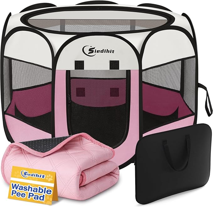 Dog Cat Playpen, Puppy Pet Playpen Indoor for Dog Crate Tent Cage Outdoor, Portable Pop Up Dogs Enclosure Kennel with Carrying Case for Dogs/Cats/Rabbits (Pink with Pad, Medium)