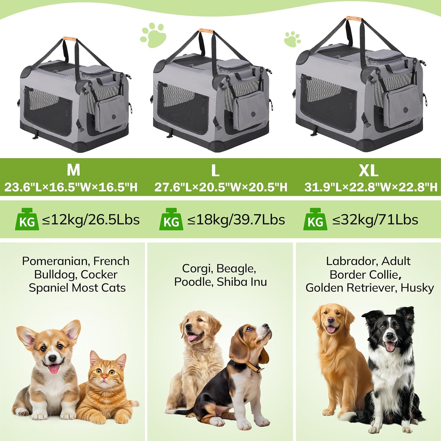 Morpilot 24-inch Portable Collapsible Dog Crate for Small Dogs up to 27lbs | Travel Dog Crate Soft-Sided with Foldable Bowl, Shoulder Strap & Storage Pockets, Grey