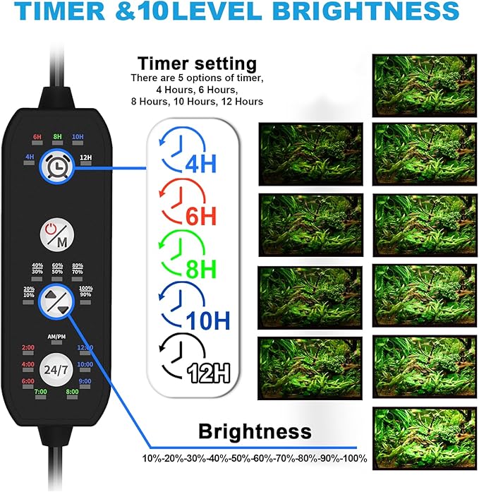 SEAOURA 24/7 Mode Led Aquarium Light for Plants Growth-Full Spectrum Fish Tank Light with Timer, Auto On/Off, 7 Colors, Adjustable Brightness, for 12 to 18 Inch Freshwater Tank