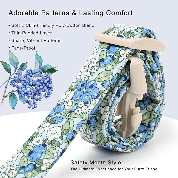 Blueberry Pattern Dog Collar, Cute Light Blue Spring Summer Puppy Collar - Soft Adjustable Designer Dog Collars for Small Medium Large Dogs XL